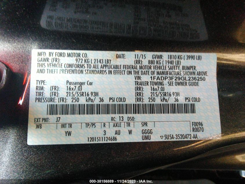 2016 FORD FOCUS SE - 1FADP3F29GL236250