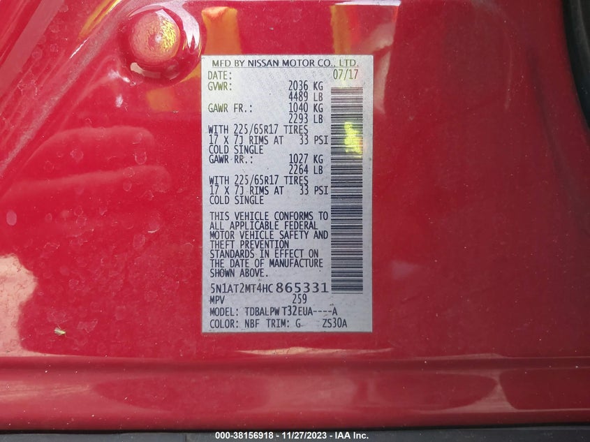 VIN 5N1AT2MT4HC865331 2017 NISSAN ROGUE S/SL