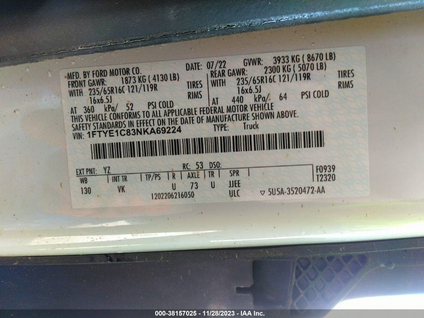 2022 FORD TRANSIT-150 CARGO VAN 1FTYE1C83NKA69224