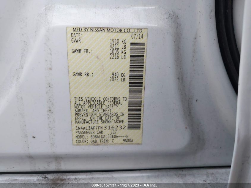 2015 NISSAN ALTIMA 2.5/S/SV/SL - 1N4AL3AP7FN316232