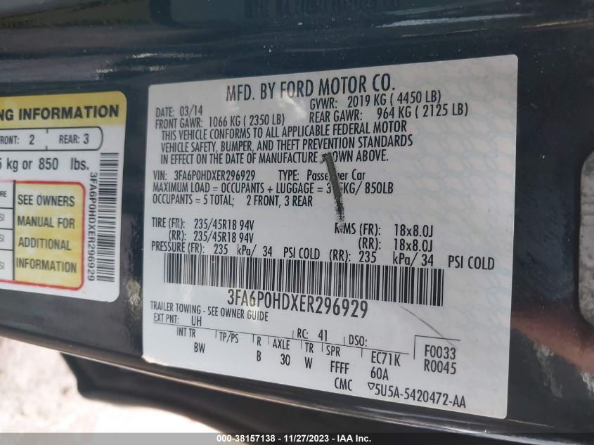 2014 FORD FUSION SE - 3FA6P0HDXER296929