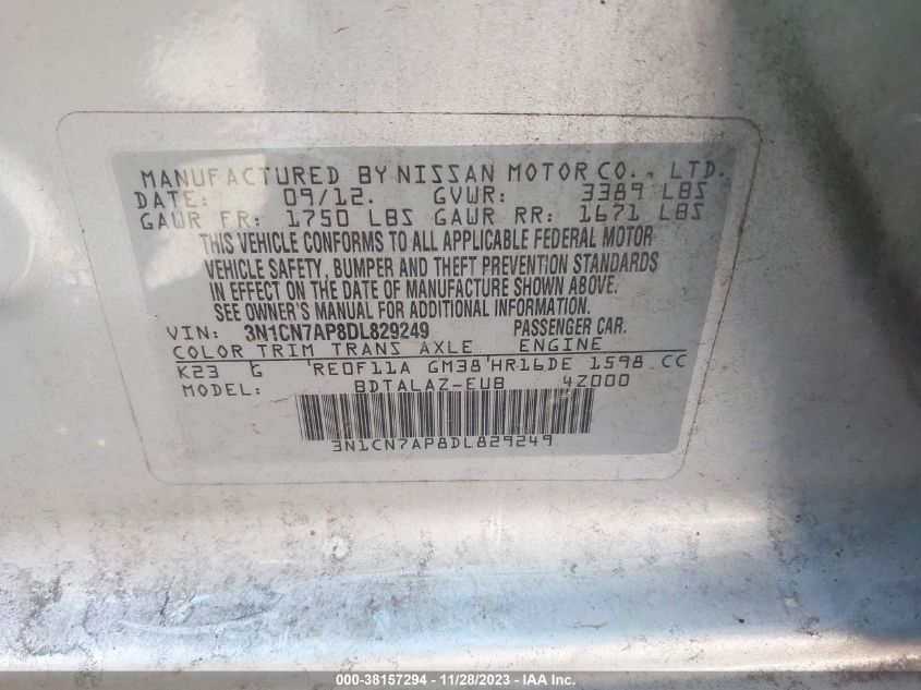 2013 NISSAN VERSA 1.6 S+ - 3N1CN7AP8DL829249