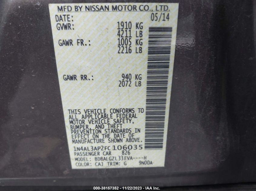 2015 NISSAN ALTIMA 2.5 S - 1N4AL3AP2FC106035