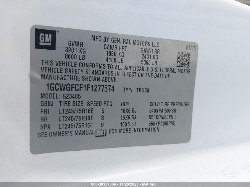 2015 CHEVROLET EXPRESS 2500 WORK VAN 1GCWGFCF1F1277574