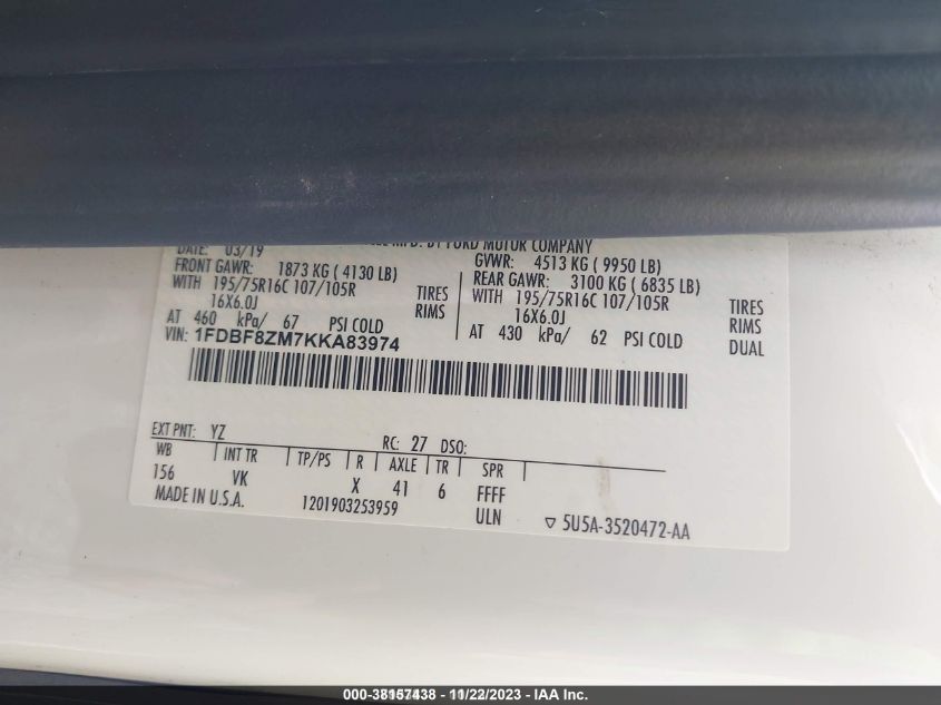 2019 FORD TRANSIT-350 CAB 1FDBF8ZM7KKA83974
