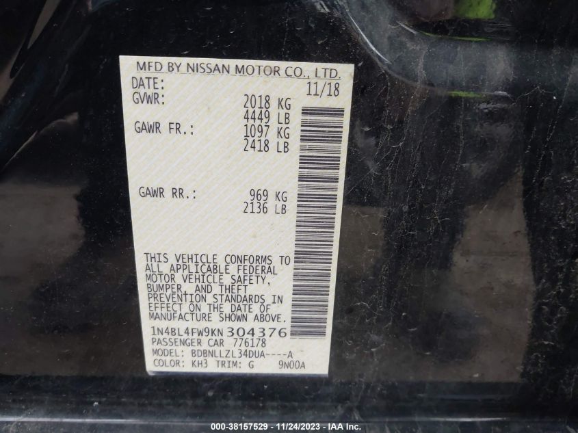 2019 NISSAN ALTIMA PLATINUM - 1N4BL4FW9KN304376