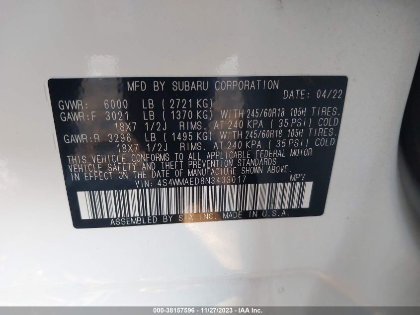 2022 SUBARU ASCENT PREMIUM - 4S4WMAED8N3433017