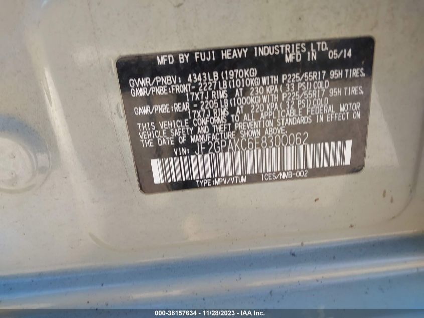 2014 SUBARU XV CROSSTREK 2.0I LIMITED - JF2GPAKC6E8300062