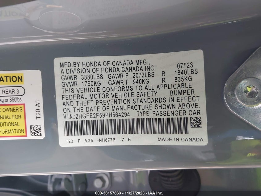 VIN 2HGFE2F59PH564294 2023 HONDA CIVIC SPORT
