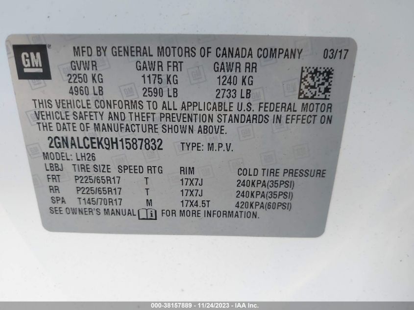2017 CHEVROLET EQUINOX LT - 2GNALCEK9H1587832