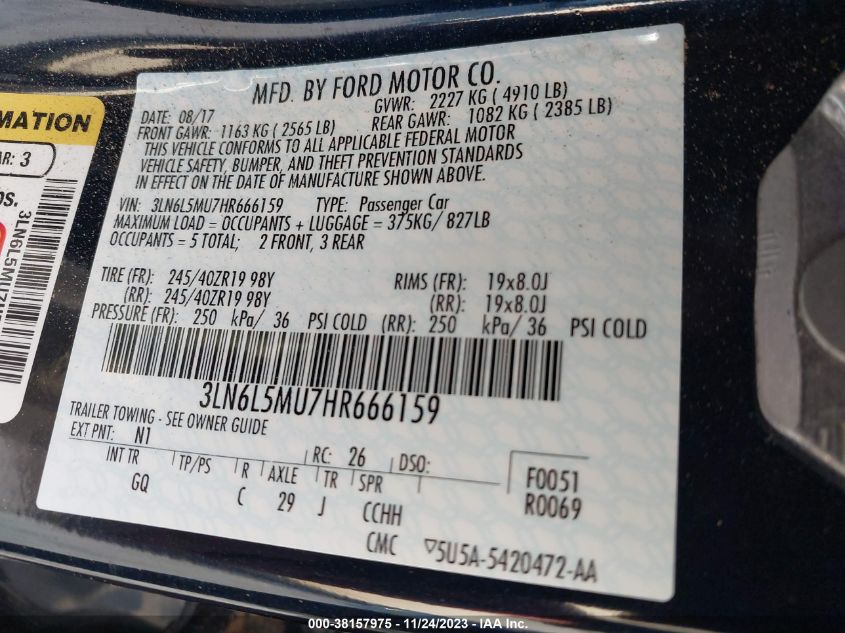 2017 LINCOLN MKZ HYBRID RESERVE 3LN6L5MU7HR666159