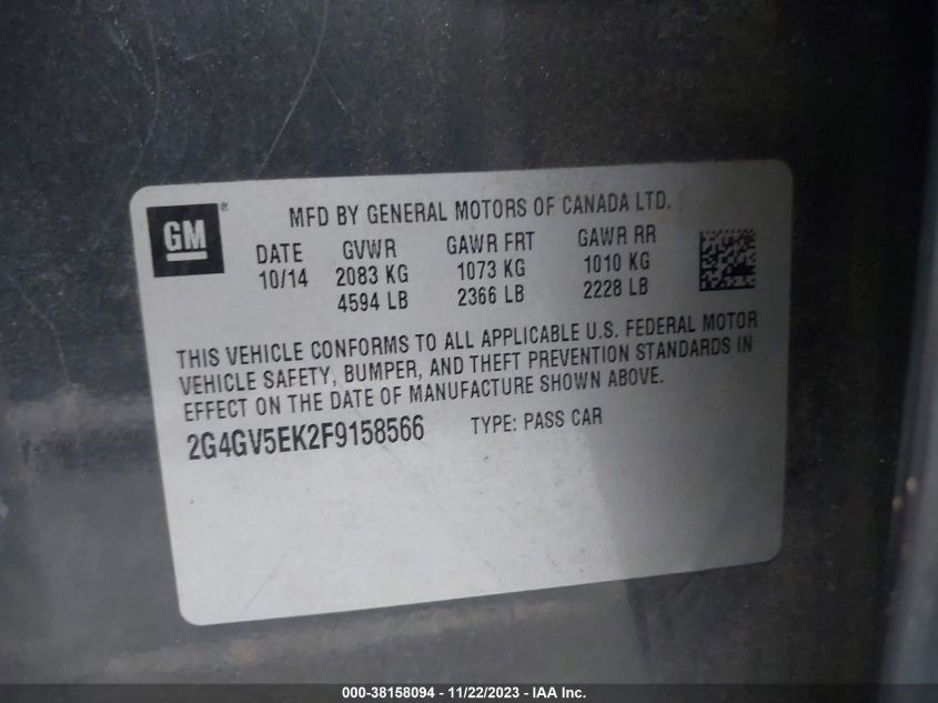 2015 BUICK REGAL 1FL - 2G4GV5EK2F9158566