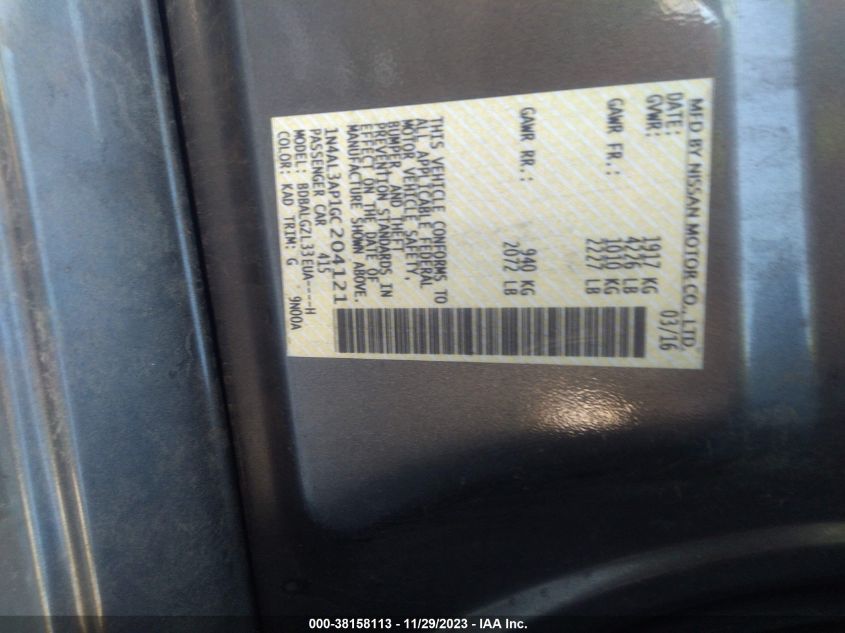 2016 NISSAN ALTIMA 2.5/S/SV/SL/SR - 1N4AL3AP1GC204121