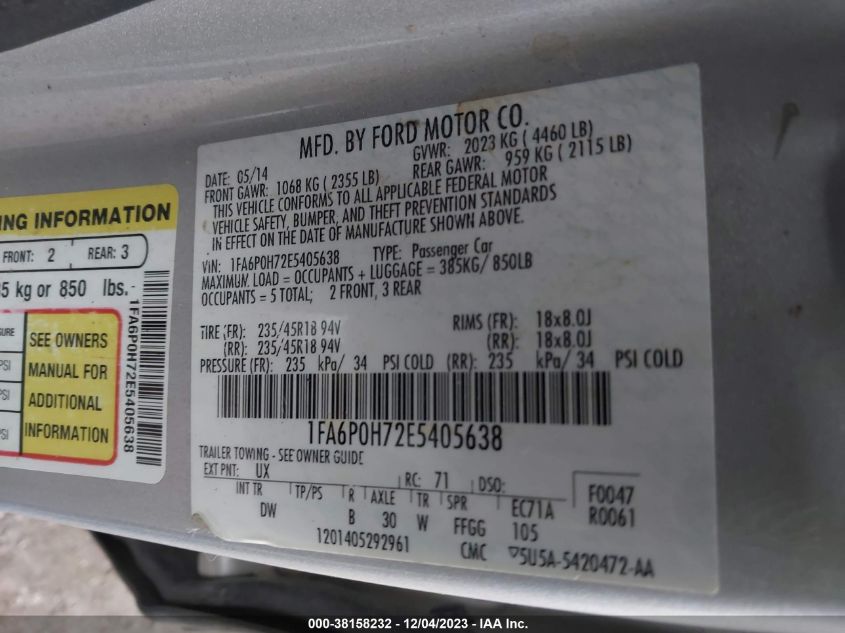 2014 FORD FUSION SE - 1FA6P0H72E5405638