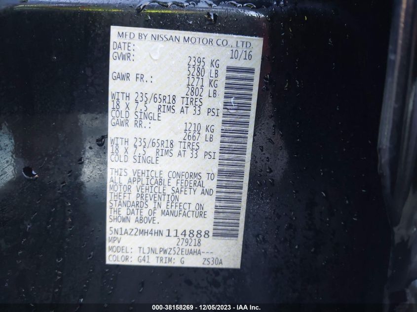 2017 NISSAN MURANO S - 5N1AZ2MH4HN114888