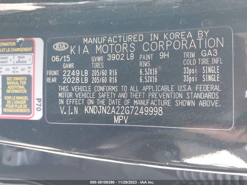 2016 KIA SOUL BASE - KNDJN2A22G7249998