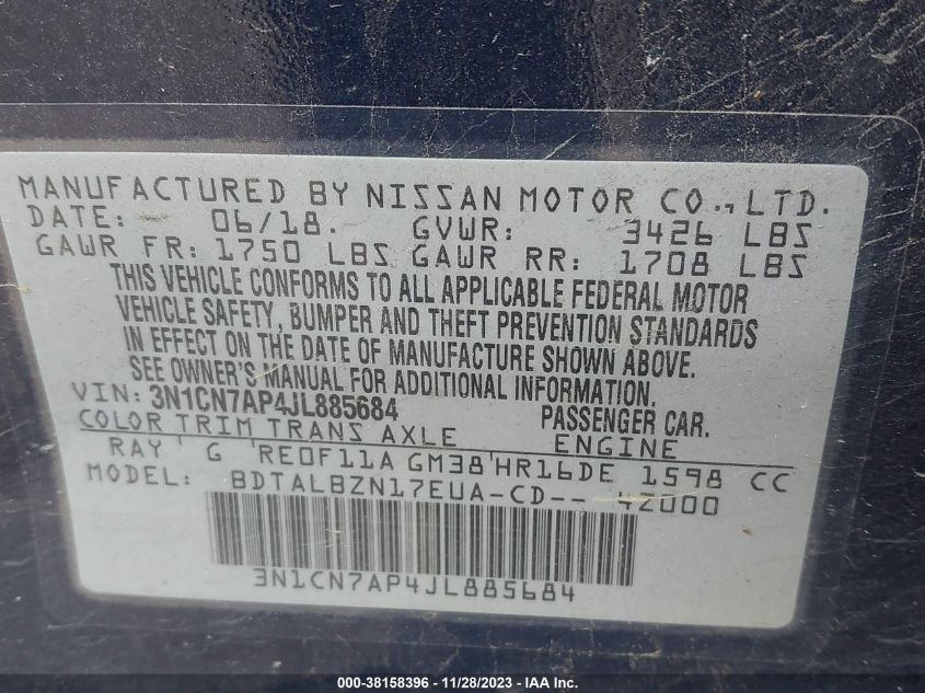2018 NISSAN VERSA S/S PLUS/SV/SL - 3N1CN7AP4JL885684