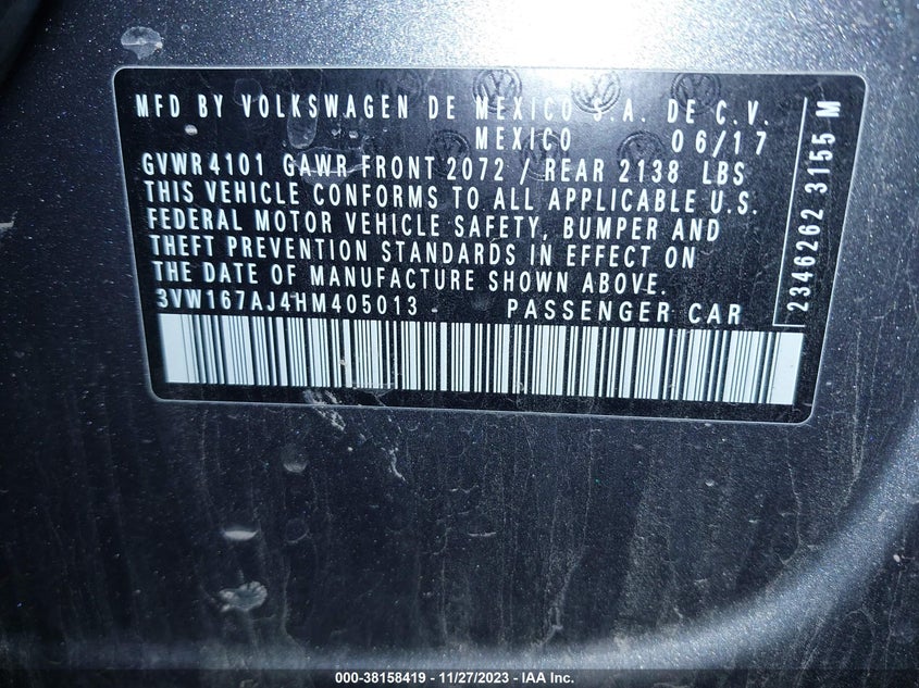 VIN 3VW167AJ4HM405013 2017 VOLKSWAGEN JETTA S