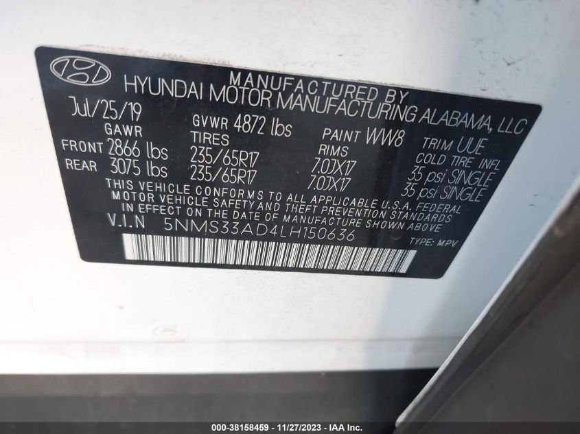 2020 HYUNDAI SANTA FE SEL - 5NMS33AD4LH150636