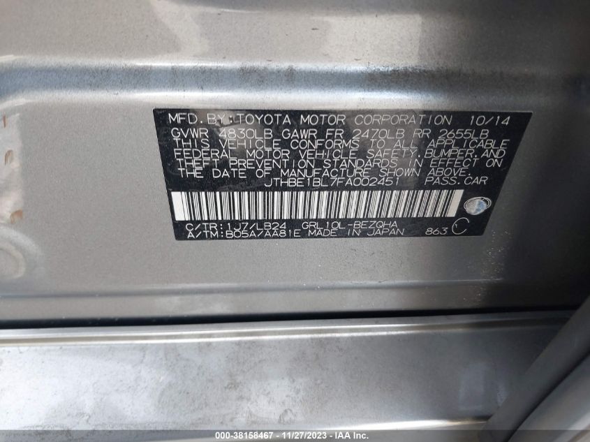 2015 LEXUS GS 350 - JTHBE1BL7FA002451