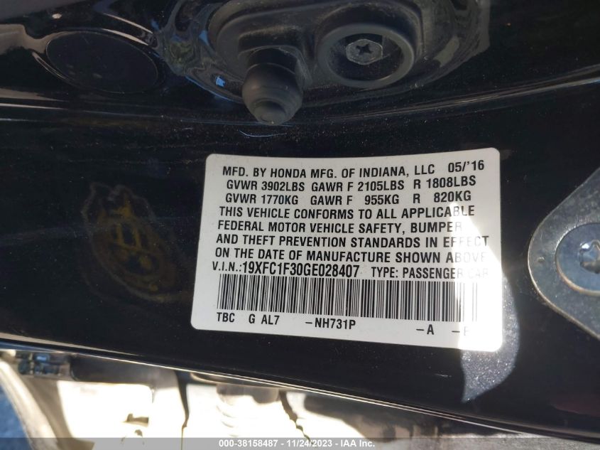 2016 HONDA CIVIC EX - 19XFC1F30GE028407