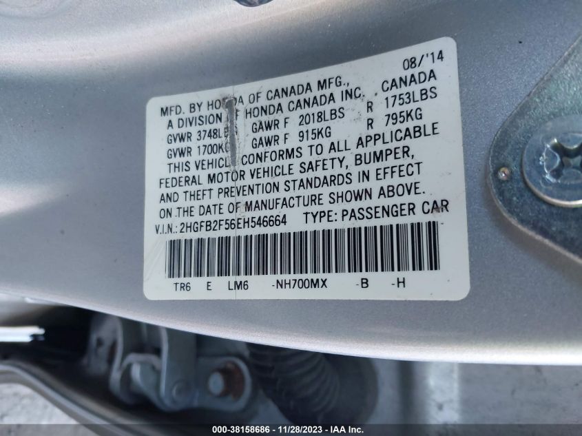 2014 HONDA CIVIC LX - 2HGFB2F56EH546664