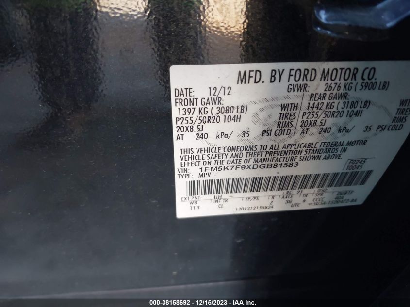2013 FORD EXPLORER LIMITED - 1FM5K7F9XDGB81583