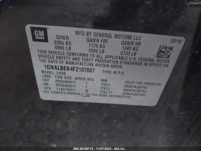 2015 CHEVROLET EQUINOX 1LT - 1GNALBEK4FZ107887