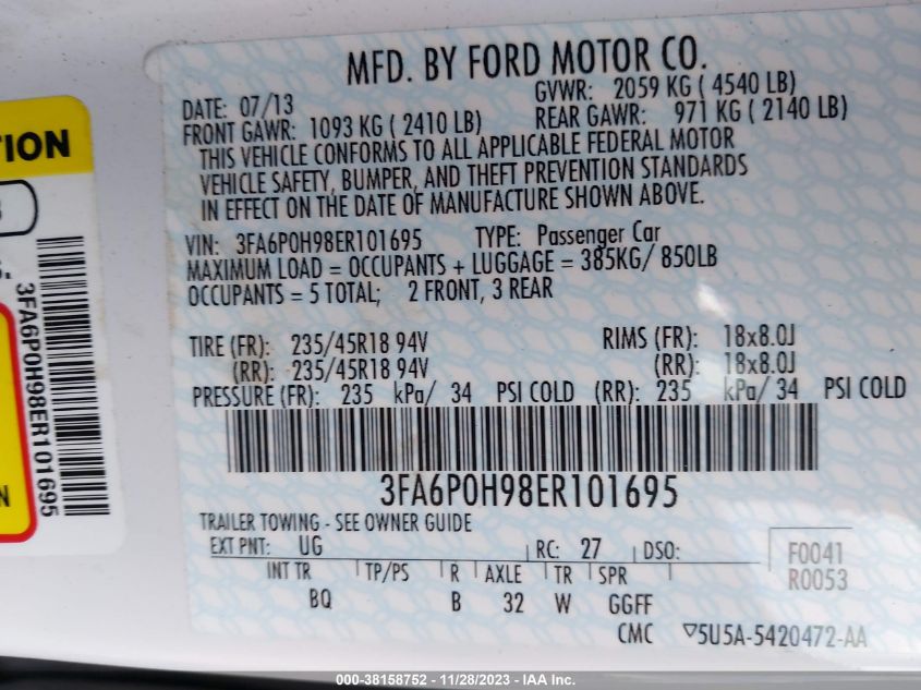 3FA6P0H98ER101695 | 2014 FORD FUSION