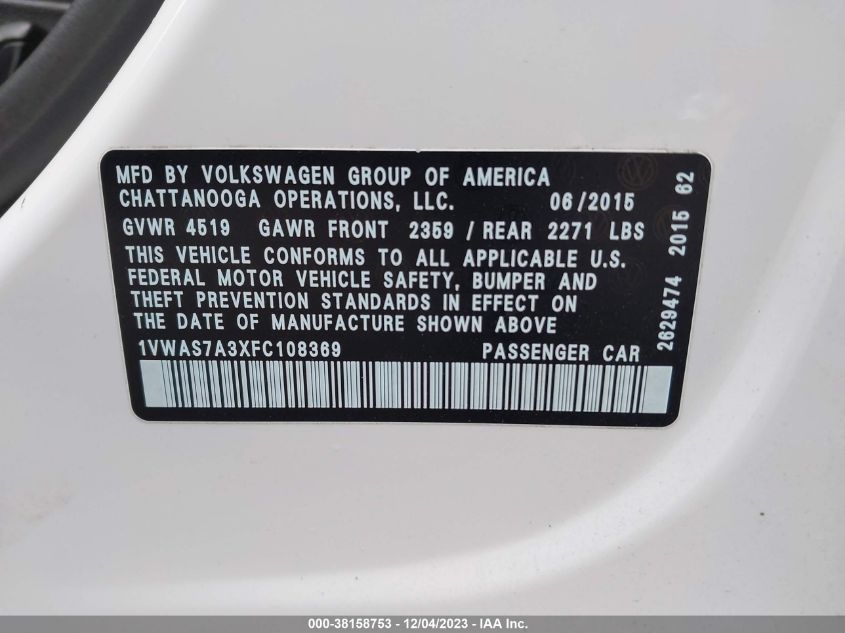2015 VOLKSWAGEN PASSAT 1.8T LIMITED EDITION - 1VWAS7A3XFC108369