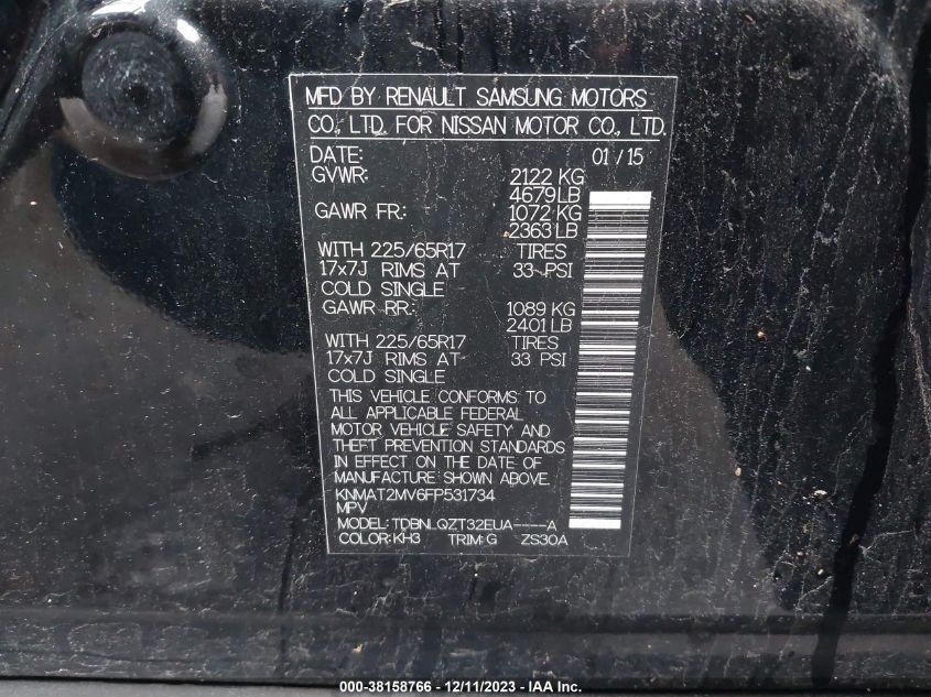 2015 NISSAN ROGUE S/SL/SV - KNMAT2MV6FP531734