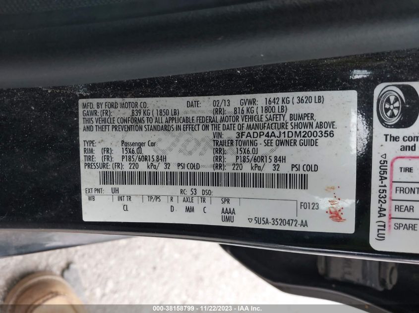 2013 FORD FIESTA S - 3FADP4AJ1DM200356