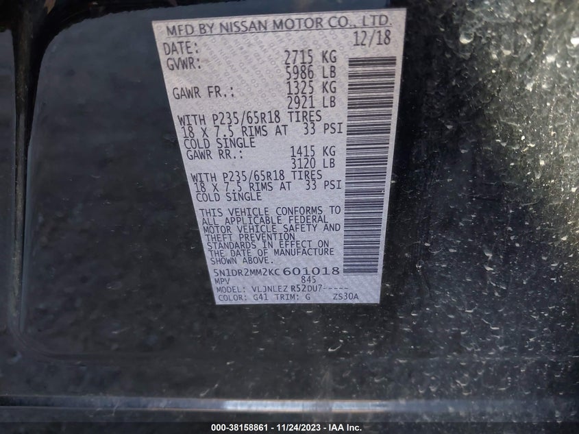 VIN 5N1DR2MM2KC601018 2019 NISSAN PATHFINDER S/SL/SV/PLATINUM