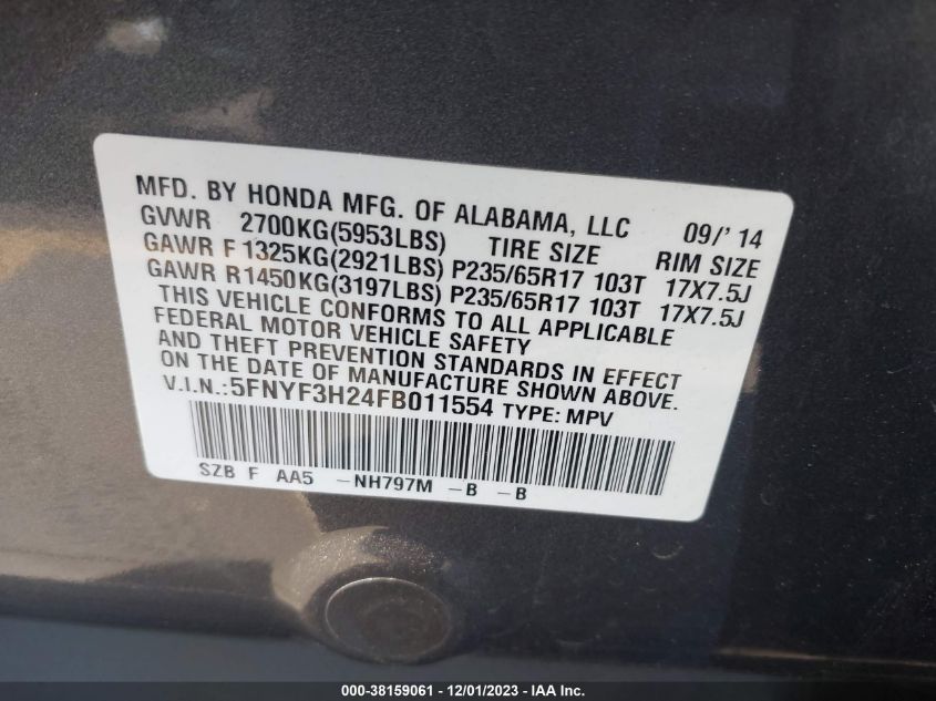 2015 HONDA PILOT LX - 5FNYF3H24FB011554