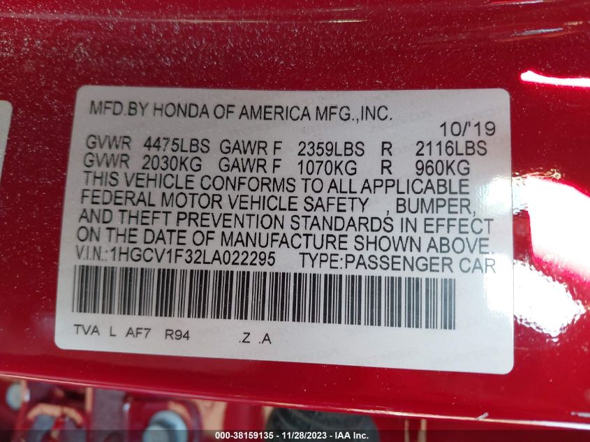 2020 HONDA ACCORD SPORT - 1HGCV1F32LA022295