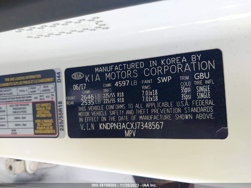 2018 KIA SPORTAGE EX - KNDPN3ACXJ7348567