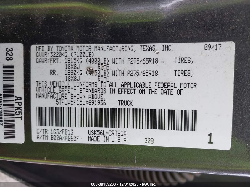 2018 TOYOTA TUNDRA SR5 5.7L V8 - 5TFUW5F15JX691936