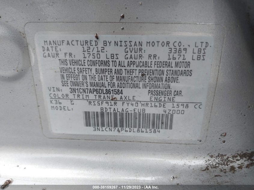 2013 NISSAN VERSA 1.6 S - 3N1CN7AP6DL861584