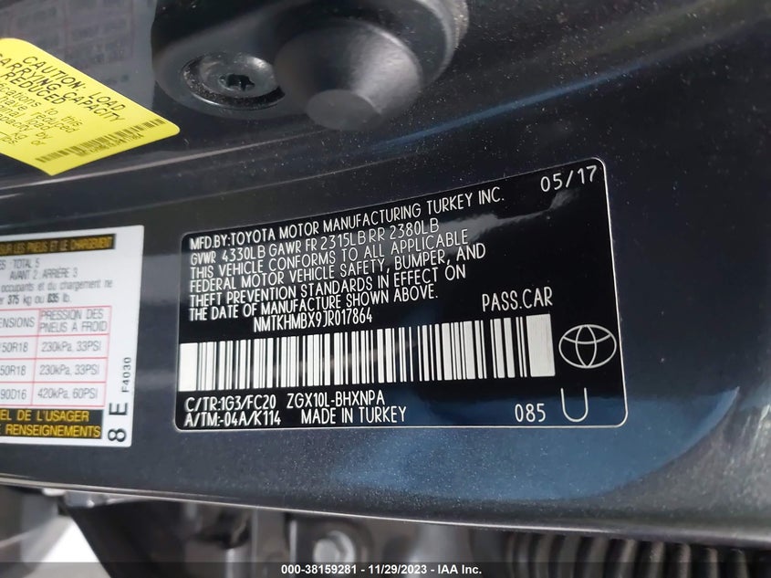 VIN NMTKHMBX9JR017864 2018 TOYOTA C-HR XLE PREMIUM