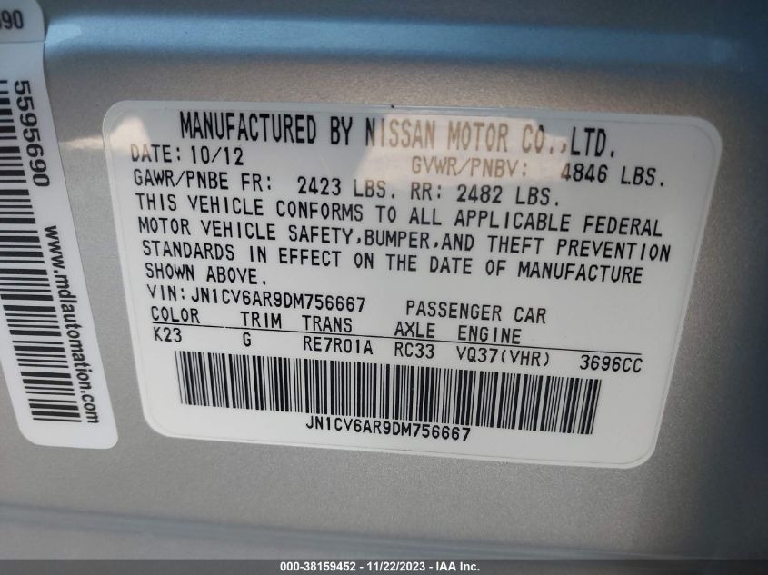 2013 INFINITI G37X X JN1CV6AR9DM756667