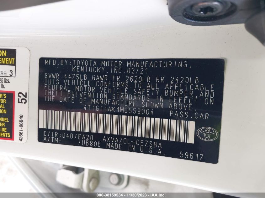 2021 TOYOTA CAMRY SE - 4T1G11AK1MU559004