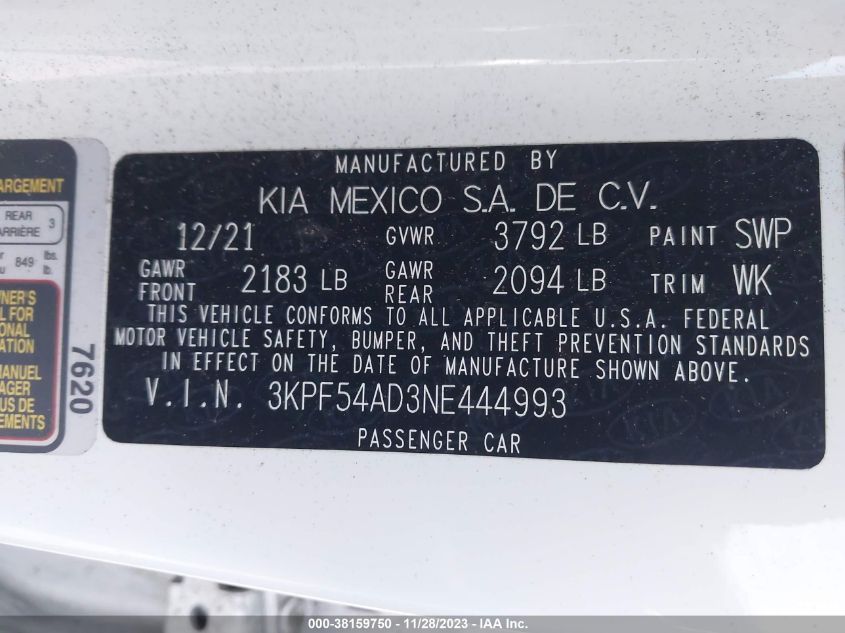 3KPF54AD3NE444993 | 2022 KIA FORTE