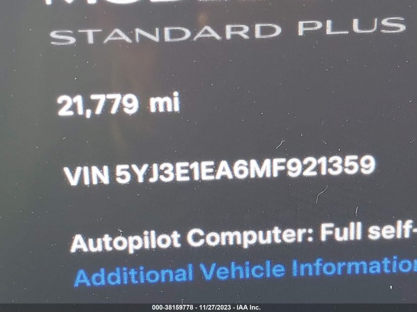 2021 TESLA MODEL 3 STANDARD RANGE PLUS - 5YJ3E1EA6MF921359