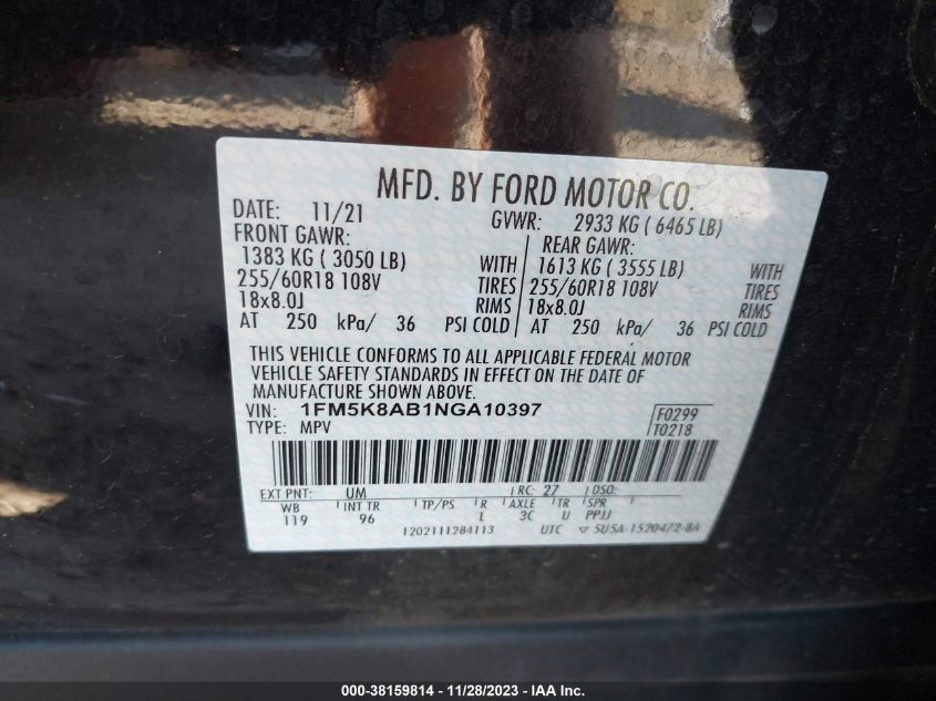 2022 FORD POLICE INTERCEPTOR UTILITY 1FM5K8AB1NGA10397