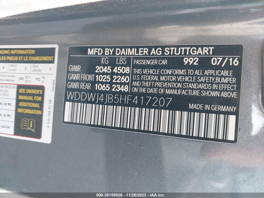 VIN WDDWJ4JB5HF417207 2017 MERCEDES-BENZ C 300