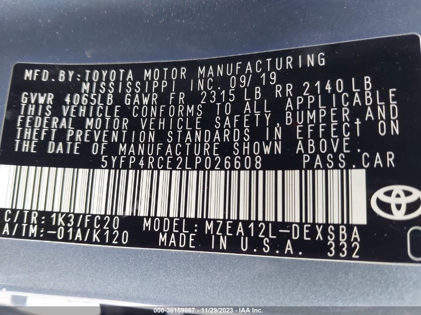 2020 TOYOTA COROLLA SE - 5YFP4RCE2LP026608