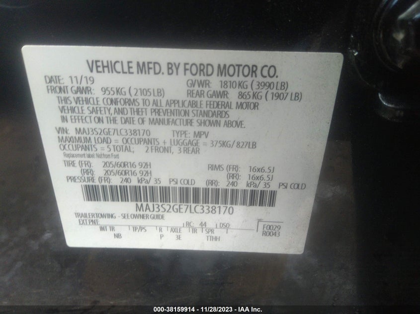 VIN MAJ3S2GE7LC338170 2020 FORD ECOSPORT SE