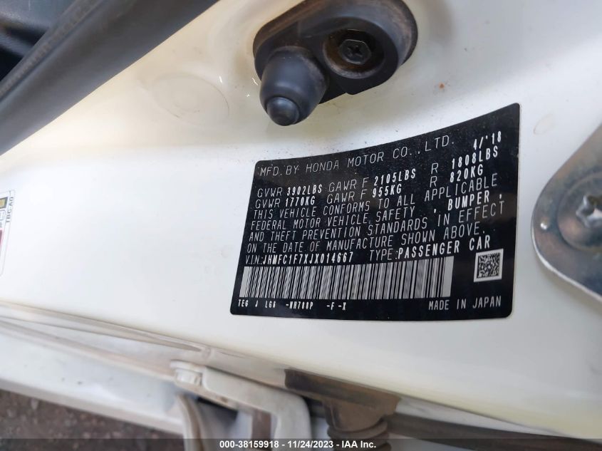 VIN JHMFC1F7XJX014667 2018 HONDA CIVIC EX-L