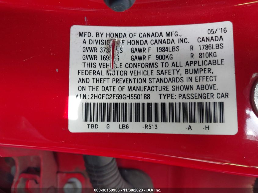 2016 HONDA CIVIC LX - 2HGFC2F59GH550188