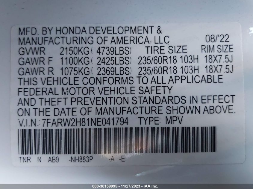 2022 HONDA CR-V EXL - 7FARW2H81NE041794